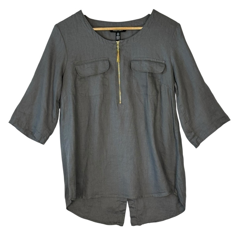 Ellen Tracy  100% Linen Tunic Top Shirt Charcoal Gray Roll Tab Sleeves Size M